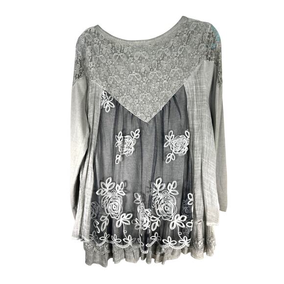 Feratelli Gray Boho Lace Tunic Top XL, Floral Embroidered Romantic Layered Style - Picture 2 of 5